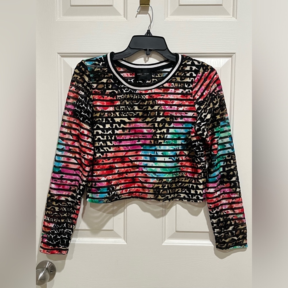 Romeo and Juliet couture striped mesh, long sleeve crop top WOMEN SIZE M